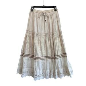 Vintage Boho Cotton Maxi Skirt Small Cream Crochet Trim Gold Metallic Festival